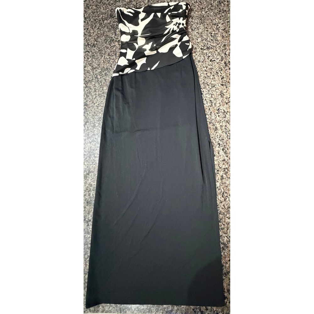 Cache Womens Black White Floral Strapless Ruched Maxi Dress Side Slit Size 6